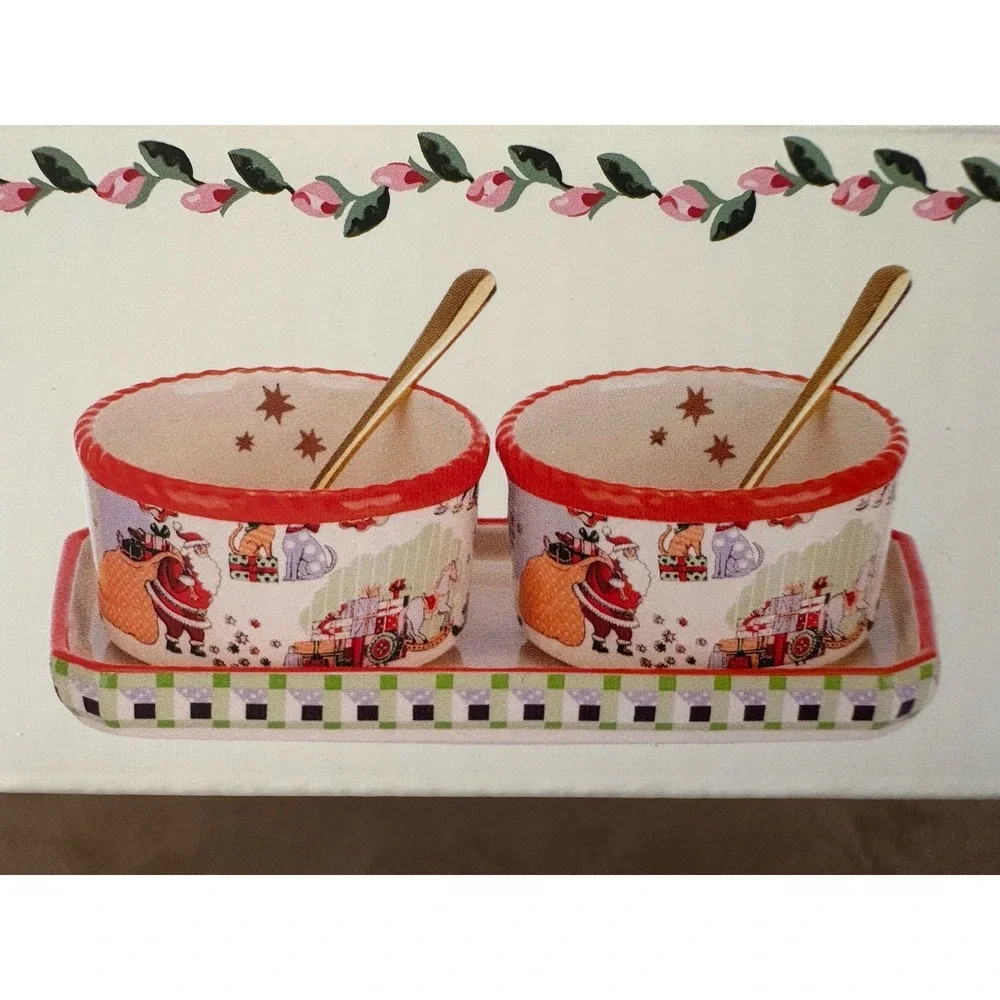 Cath Kidston‎ Christmas Condiment Pot Set Gold Spoons Ceramic Tray NIB